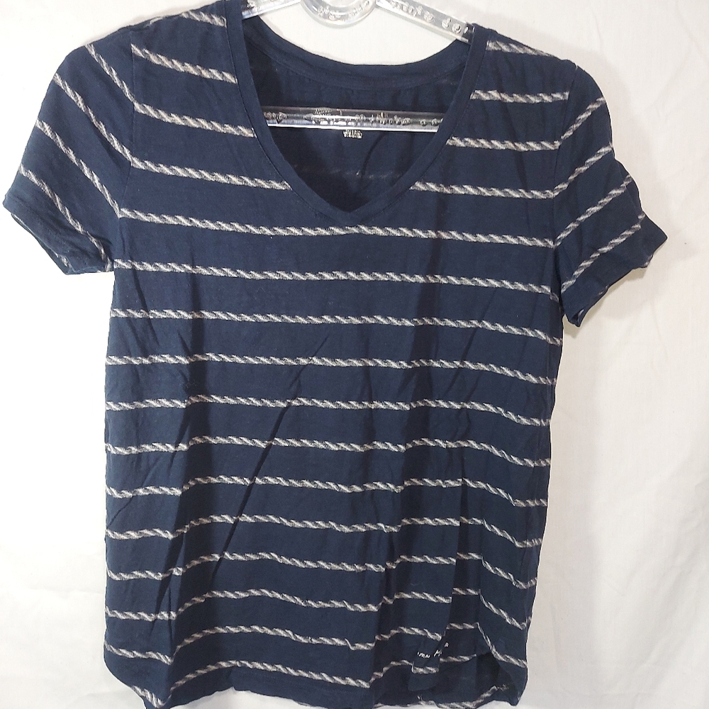 Tommy Hilfiger Navy Blue Striped Short Sleeve V-Neck Tee, Small